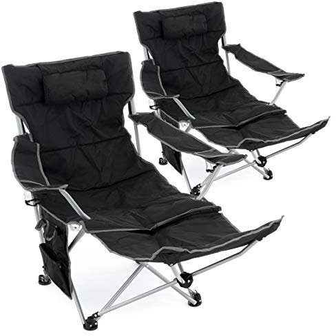 2er Set Campingstuhl Luxus Campingliege gepolstert abnehmbare Fußstütze verstellbar Armlehnen 2 Getränkehalter Kopfkissen 100 kg Polyester Stahlgestell faltbar blau schwarz Farbe wählbar (Schwarz)