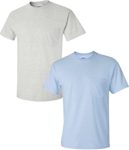 Gildan Men's Ultra Cotton Adult T/Shirt with Pocket, 2/Pack LRG/Ash/Lightblue, Ash
