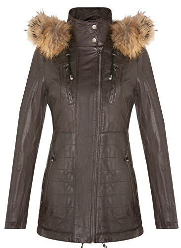 Braun Damen Leder Parka Jacke Gesteppte Abnehmbare Kapuze Regenmantel 4XL