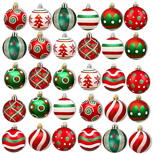 30 Set Weihnachtskugel Kunststoff rot weiß Christbaumkugeln mit Aufhänger Christbaumkugeln Kunststoff bruchsicher, Christbaumschmuck(red Green)