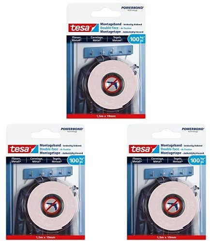 tesa Powerbond Montageband für Fliesen & Metall Extra Stark, mit bis zu 100 kg Haltekraft pro Meter - doppelseitiges Montageklebeband für glatte Oberflächen – 1,5 m x 19 mm, 3er Pack