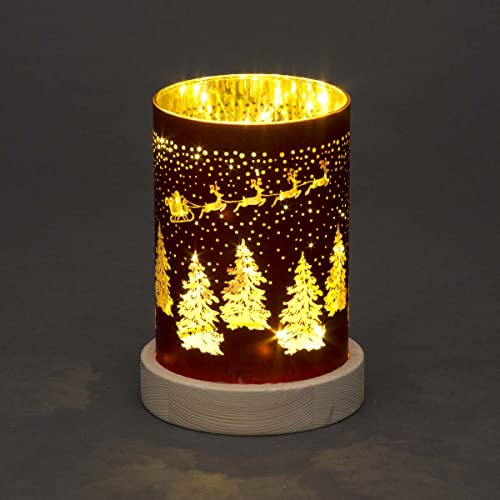 16cm Christmas Decorated Vase Table Lamp Etched Glass Tube Santa Sleigh Scene Red Cylinder LED Fairy Lights Battery Operated