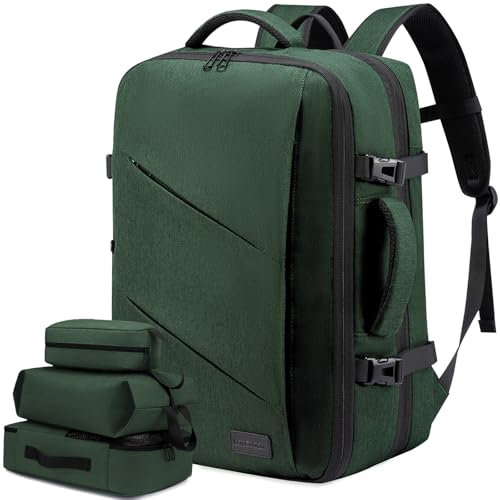 LOVEVOOK Sac à Dos De Voyage Cabine Avion, Sac à Dos Travail Homme Femme, Sac à Dos Ordinateur 17 Pouces, Grand Bagage à Main Imperméable 40L Travel Backpack Sac Vert Foncé