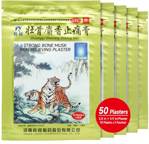 LingRui Moschus-Pflaster, starker Knochen, 50 Pflaster, chinesischer Tiger, Zhuang-gu She-Xiang Zhi-Tong Gao | 5 Beutel, 10 Patches pro Beutel