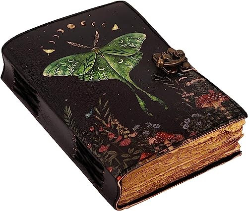 Blank Spell Book of Shadows Journal with Lock Clasp Vintage Handmade Leather Luna Moths and Morpho Butterfly Print Diary Prayer Pagan Witchcraft Supplies Wiccan Decor notebook daily (7x5 Inch)