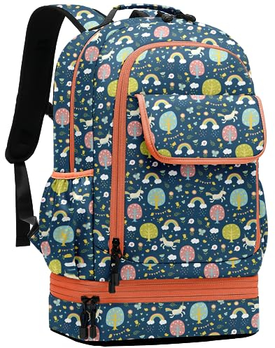 Leaper Water-resistant Cute Rainbow School Backpack Double Deck Lunch Bag Satchel Dark Blue