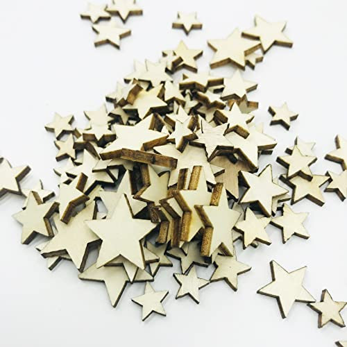 200 Stück Mini Holzsterne, Stern Holzscheiben, HolzStern Verzierungen Dekoration für DIY Basteln Hochzeit Geburtstag Tischdekoration Gemischt 4 Größen - 10mm/12mm/15mm/20mm