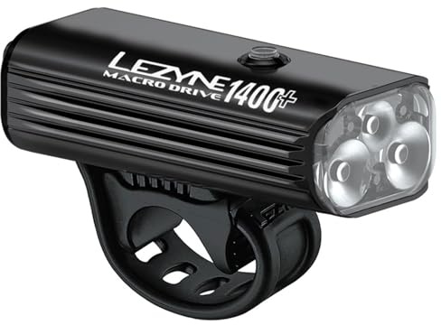 LEZYNE Macro Drive 1400+ Bicycle USB Rechargeable IPX7 Waterproof 3 White LED Tri-Focus Optics Front Light w/ 4 Solid & 3 Flash Modes | Satin Black, 1400 Lumens/USB-C