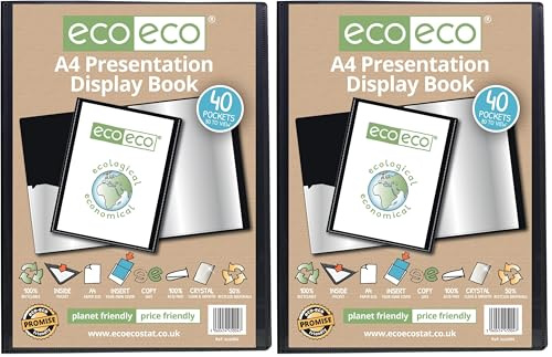 eco-eco A4 Size 50% Recycled 40 Pocket Black Presentation Display Book, Storage Case Portfolio Art Folder with Plastic Sleeves, eco004 (Pack of 2)