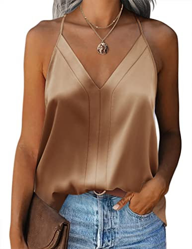 ZEAGOO Mujer Camisetas Sin Mangas Satén Camiseta Tirantes Verano Camisole Top Elegante con Cuello en V, Caqui, L
