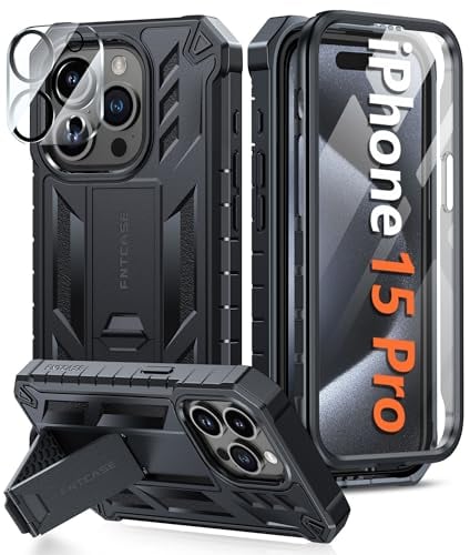 FNTCASE for iPhone 15 Pro Case: Military Grade Protective Cover with Kickstand Dual Layer Matte Shockproof Phone Case for iPhone 15 Pro 6.1 Inch (A-Black)