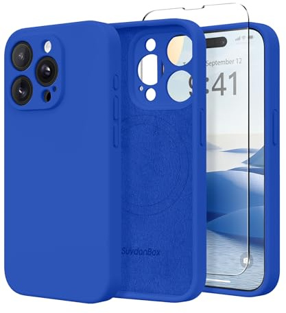 SuydanBox Magnetische Schutzhülle für iPhone 15 Pro, kompatibel mit MagSafe, [vollständiger Kameraschutz], [Displayschutzfolie] Silikon stoßfeste Schutzhülle für iPhone 15 Pro 6,1 Zoll, Klein Blau