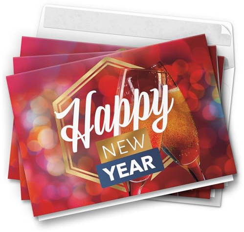 10 Neujahrskarten Grußkarten 2025 Neujahr Silvester - Klappkarten mit Umschlägen - Neujahrsgrüße Happy New Year Sektglas
