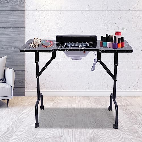 Aohuada Table de manucure pliante - Table à ongles portable - Table à ongles mobile - Table de manucure - Bureau pour salon de beauté - Avec collecteur de poussière - Rouleaux - Coussin