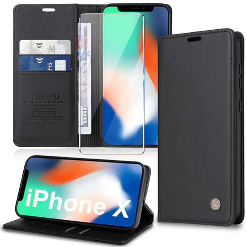 Migexxkj Handyhülle für iPhone X,iPhone XS Hülle [mit Schutzfolie][Premium PU Leder] Klapphülle Kartenfach Magnetic Ständer Flip Case Cover Etui Tasche Schutzhülle für iPhone X/XS 5.8“ (Black)