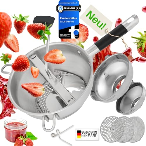 𝐙𝐀𝐔𝐁𝐄𝐑𝐇𝐀𝐔𝐒 𝐏𝐚𝐬𝐬𝐢𝐞𝐫𝐦ü𝐡𝐥𝐞 | Premium Passetout aus Edelstahl [3 EXTRA SIEBE] Passiermühle + Abstreifer + 2 Trichter - für Soßen, Konfitüre, Püree, Spätzle, Babynahrung