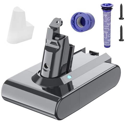 V6 - Batteria di ricambio da 6,0 Ah, per aspirapolvere Dyson V6 DC58 DC59 DC61 DC62 DC72 DC74 Animal SV03 SV04 SV05 SV06 SV07 (2 filtri + 2 viti + 1 tappo di protezione batteria)