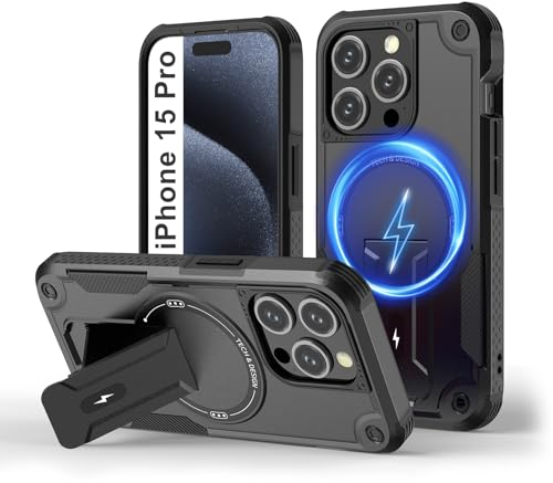 Tuvror Magnetic for iPhone 15 Pro Case with stand. [Compatible with MagSafe] Built-in Kickstand. Rugged Protection Heavy Duty Shockproof Case for iPhone 15 Pro (Black)