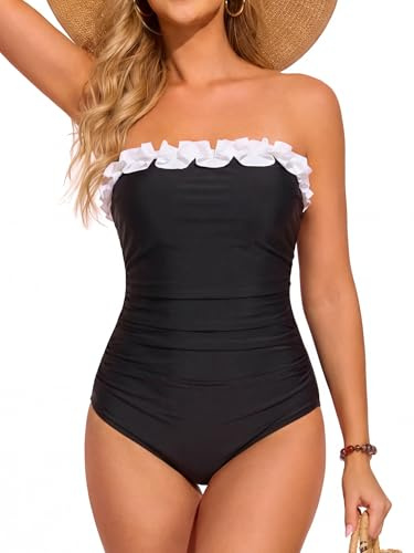 Smismivo Strapless Swimsuits for Women Bandeau Swimming Costume One Piece Tummy Control Swimwear Ruched Slimming Vintage Tube Top Padded Push Up Bathing Suit (Black White)