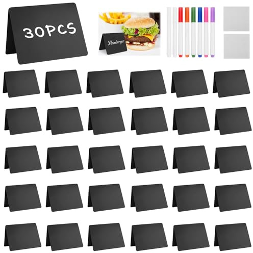 30 STK kreidetafel klein, Mini Tafel Set, Tischkärtchen zum Beschriften, Abwischbare Tafeln, mit 8 Stifte und 2 Putztuch, für Nachrichtenschilder Preisschilder Tischkarten Buffet Hochzeit Party V-Form