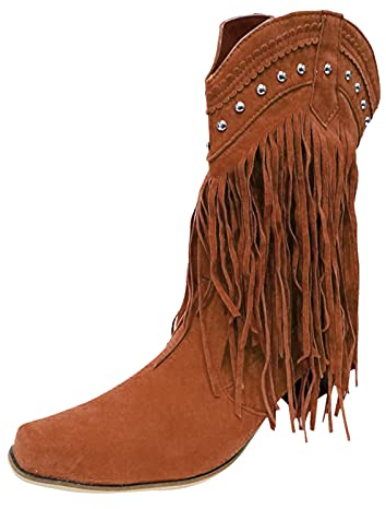 DJYQLCWA Fashion Scarpe da Donna Stivali Primaverili Estivi Stivali casual Stivali con frange per donna Stivali con tacco e retrò Stivali da donna a metà polpaccio (Brown, 42)