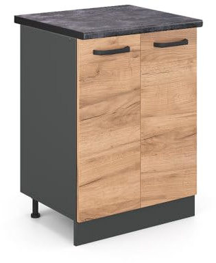 Vicco Küchenunterschrank R-Line, Goldkraft Eiche, 60 cm | 2 Türen · Arbeitsplatte Anthrazit · Höhenverst. Füße · 1 Einlegeboden · ✓ Frei kombinierbar