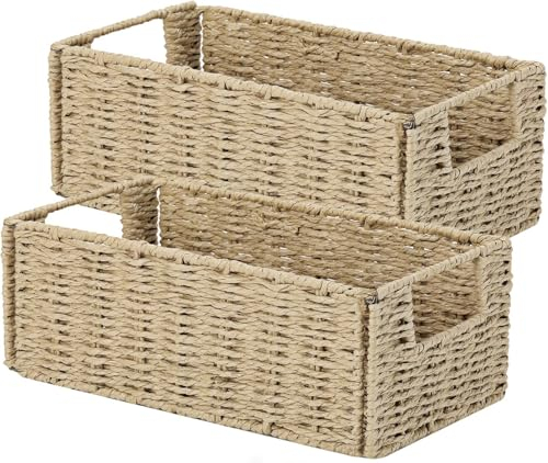 Aluusy Panier Rangement Rectangulaire, Lot de 2 Petit Panier Tressé Pliable en Papier de Jacinthe d'eau, Panier d'étagère Papier Toilette, Salle de Bain 30x15x12cm