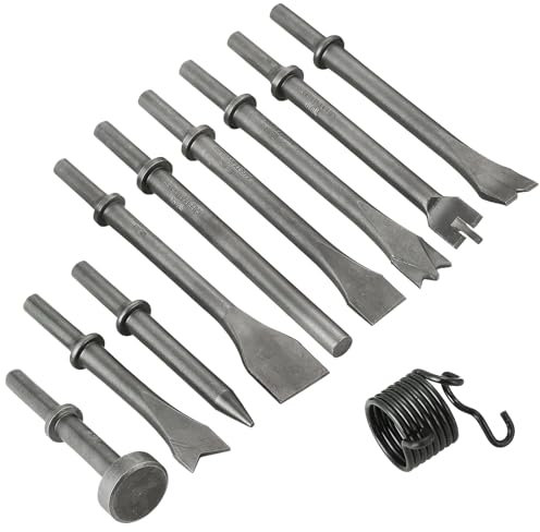 AMGSH 10 Pcs Air Hammer Pneumatic Chisels Tools, 9pcs 0.401'' (10mm) Shank Heavy Duty Pneumatic Air Hammer Chisels Made From High Carbon Steel, Plus 1 Piece of Spring