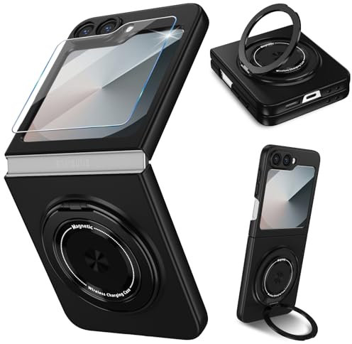 Coque de protection pour téléphone portable Samsung Galaxy Z Flip 6 - Avec film de protection d'écran - Anneau magnétique en métal à 360° - Anti-chocs - Noir