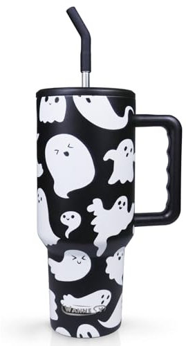 wannesy Halloween Ghost 40 oz Tumbler with Handle and Straw Lid, Halloween Ghost Themed Cute Gifts for Women Girls Double Insulated Cup Travel Coffee Mug