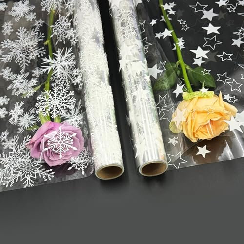 Zellophanfolienrolle zum Verpacken von Geschenken: Weihnachtszellophanfolie, 2 Stück, 3 m x 80 cm, durchsichtige Zellophanfolie, bedruckt mit Stern und Schneeflocke