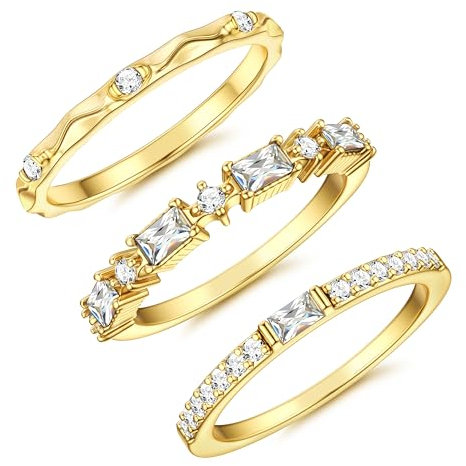 Dochais 3 Stück Gold Ring Damen, Stapelbare Ringe Wasserfest, 14K Goldene Vergoldete Zirkonia Diamant Ring Frauen, Knöchelringe Daumenring Fingerring Statement Ring Set Schmuck Geschenke, Größe 49-59
