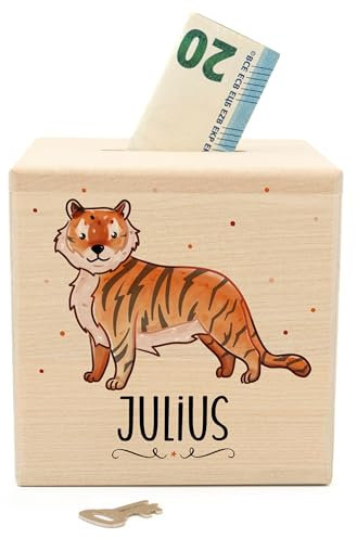 Muckelmeister Spardose Kinder Personalisiert mit Namen aus Holz - 10x10x10cm - Spardose mit Schloss und Schlüssel - Taufgeschenke für Mädchen und Jungen - originelle Geschenke zur Geburt - Tiger