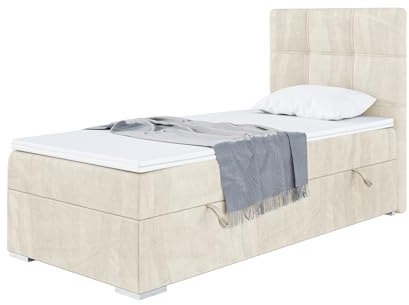 MEBLINI Boxspringbett mit Bettkasten - Gepolstert Einzelbett mit Matratze und Topper - Polsterbett mit Stauraum - Bett mit Kopfteil - Stauraumbett - Kai - 100x200 Rechts - H3/Creme Samt
