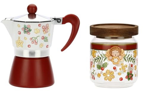 THUN, Set Caffettiera e Barattolo Porta Caffè in Vetro Borosilicato e Tappo in Acacia, Collezione Sorprese di Natale, Idea Regalo per Natale, Caffettiera Ø 15,6 cm h, Barattolo 400 ml, Ø 8,9 cm