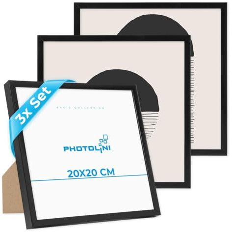 PHOTOLINI Bilderrahmen 20x20 cm Schwarz, 3er Set Kunststoff-Rahmen schmal, bruchsicheres Acrylglas, zum Aufstellen und Aufhängen, extra Zubehör - Dokumentenrahmen für Urkunden, Zertifikate & Fotos