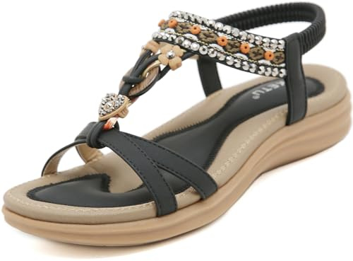 ZDQ Sandals Womens Ladies Summer Casual Comfortable Flat Arch Support Bohemian Wide Fit Slip-on Sandals with Elastic Ankle Strap Black 5.5