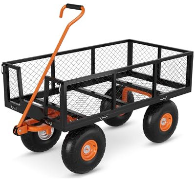 GarveeLife Gartenwagen aus Stahl, robust, 227 kg Kapazität, mit abnehmbaren Netzseiten zum Umwandeln in Flachbett, 180° drehbarer Griff und 25,4 cm Reifen