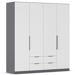 Rauch Möbel Belfast Kleiderschrank, Schrank, Garderobe, Organizer, 4-türig, 4 Schubladen für mehr Stauraum, Farbe Weiß/Grau metallic, Schwarz, Kurze Griffleisten Grau metallic, 181x197x54cm
