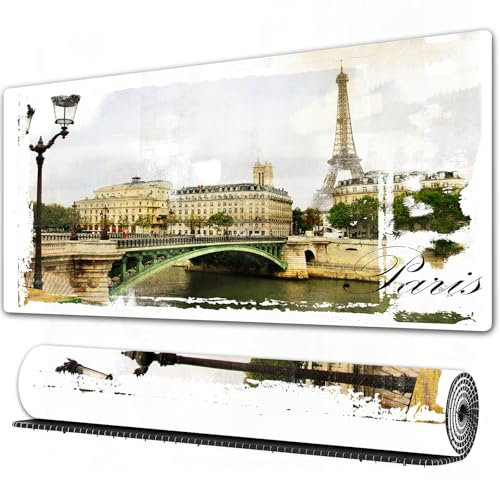 FEHWI Grand Tapis de Souris de Jeu avec Bords surpiqués et Dos antidérapant,sous-Main pour Clavier et Souris,Rues parisiennes - Tableau de Style Peinture Vintage,90×40 cm