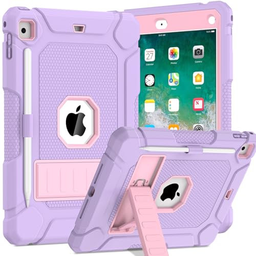 TOPWANT Case for iPad 6th 5th Generation (9.7 inch, 2018/2017), Shockproof Protective iPad 9.7 Case with Built-in Stand/Pencil Holder for iPad 6th/5th Gen, Air 2, Light Purple