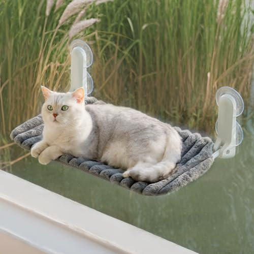 MEWOOFUN Katzenfenster-Sitzstange Faltbar mit abnehmbarem und wendbarem Bezug - Weiche Katzenfenster Hängematte mit verstärktem Stahlrahmen stabil bis 18 kg belastbar (Grau, M)