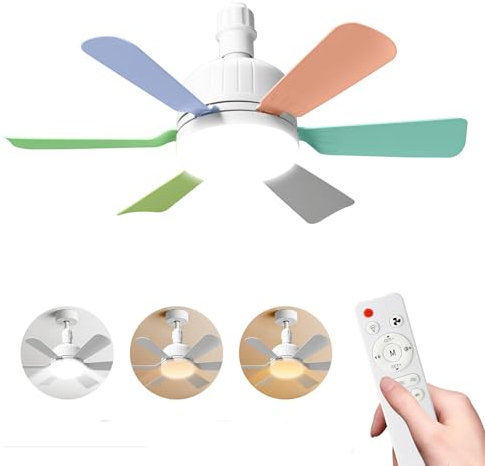 JOPWUE Ventilatore da soffitto con lampada con telecomando, 40 W, ventilatore da soffitto con attacco E27,3 velocità, 6 pale, tempistica, dimmerabile ventilatore da soffitto LED per camera da letto
