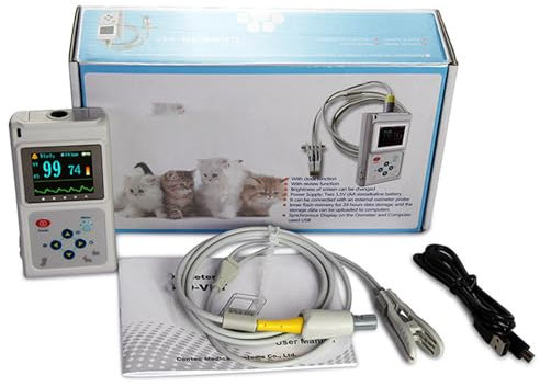 Tragbares Veterinär-Pulsoximeter, Ohr-/Zungen-SpO2-Sensor, Tier-Pulsfrequenzmonitor mit Sonde und USB-Kabel, für Hunde, Katzen, Haustiere, Familie und Tierklinik