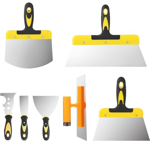 8 Pieces Stainless Steel Trowel and Scraper Set with 12 Mud Pan & Scoop, Putty Knife, Finishing Trowel & Wallpaper Scraper Kit for Decorating and Plastering