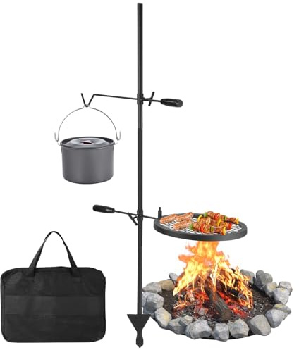Swivel Campfire Grill Adjustable Heavy-Duty Steel Grate 34cm, Over Fire Pit Camping Grill With Carrying Bag Campfire Cooking Equipment for Outdoor Camping BBQ (Pot Not Included)