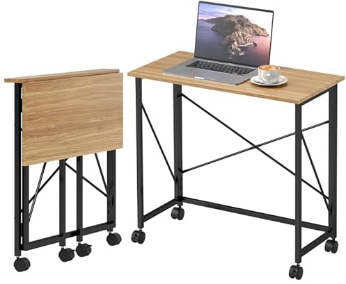 FurnitureR Klappbare Sekretärin, moderner Schreibtisch, Holzfläche, schwarzer Metallrahmen, Platzsparende Möbel für Büro und Zuhause, 80cm hoch, 40cm breit, 75cm hoch, vielseitig, leicht zu bewegen