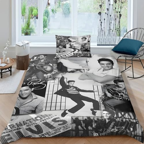 WXLWHR Elvis Presley Bettbezug-Set Weiches Microfaser Bettwäsche 3-TLG. Mit Elvis Presley-Motiv Mit Reißverschluss & Kissenbezug Für Junge Und Mädchen Single（135x200cm）