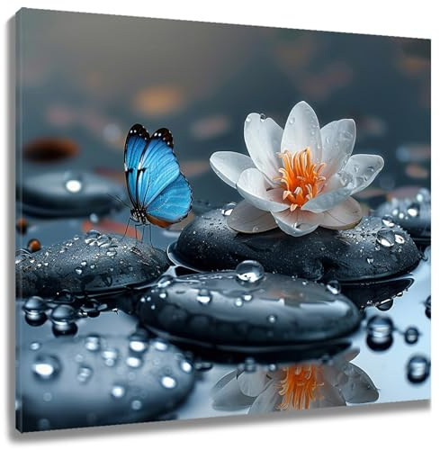 LB Wandbilder Spirituelles Zen- Wand Deko Wohnzimmer Weiße Blume Blauer Schmetterling- Leinwand Bilder Black Stones Japanisches Spa für Schlafzimmer Badezimmer küchen,40x30cm, Rahmen