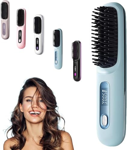 Glättbürste, Verbrühungsschutz Glätteisen, Glättungskamm verhindert Haarziehen,Tragbarer Mini Heißer Kamm für Haarstyling,Wiederaufladbare Beheizte Bürste für Reise Täglichen Gebrauch (Blue)